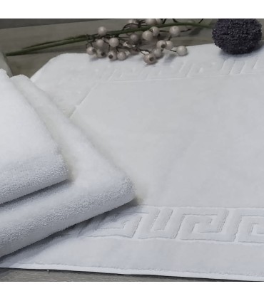 Pack of 10 Bath Mats 650 g/m² 100% Cotton | White with Greek Border | Very Absorbent and Soft